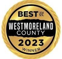 Gold "Best of Westmoreland County 2023 Winner" award badge with black and white text.