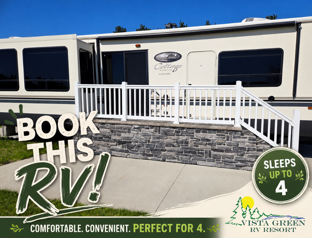 White RV with porch and stairs