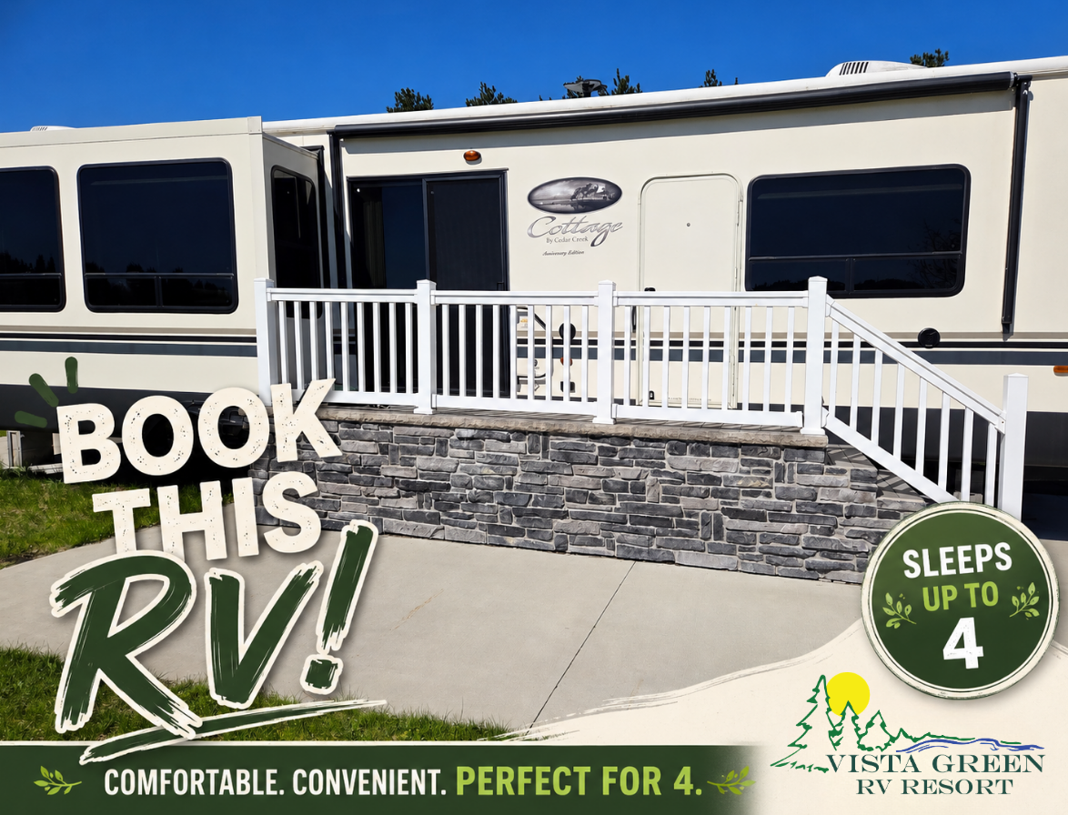 White RV with porch and stairs
