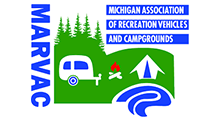 MARVAC logo: blue text, a camping scene with trailer, tent, campfire, and trees, green and blue.