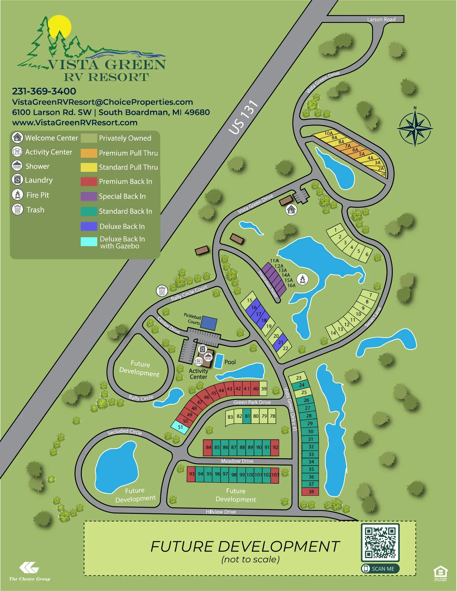 Map of Vista Green RV Resort, showing layout of campsites, roads, and amenities like ponds and buildings.