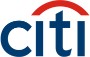 The logo for citi bank is blue and red with a rainbow in the middle.