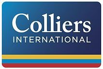 The colliers international logo is blue and white with a red , yellow , and blue stripe.