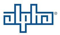 A blue and white logo for alpha on a white background.