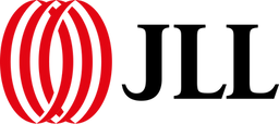 The logo for jll is red and white with a black circle in the middle.