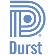 A blue and white logo for durst with a circle in the middle.