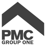The logo for pmc group one is a black and white logo with a roof.
