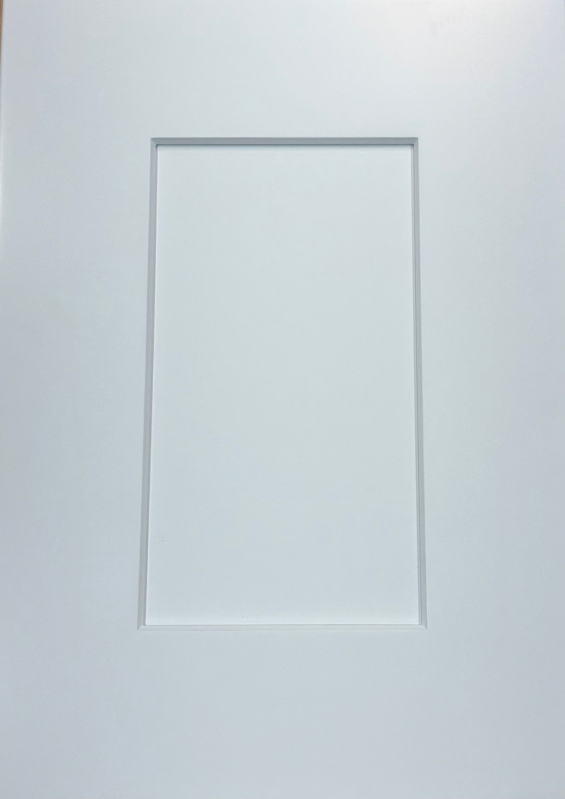 White cabinet door with recessed rectangular panel.
