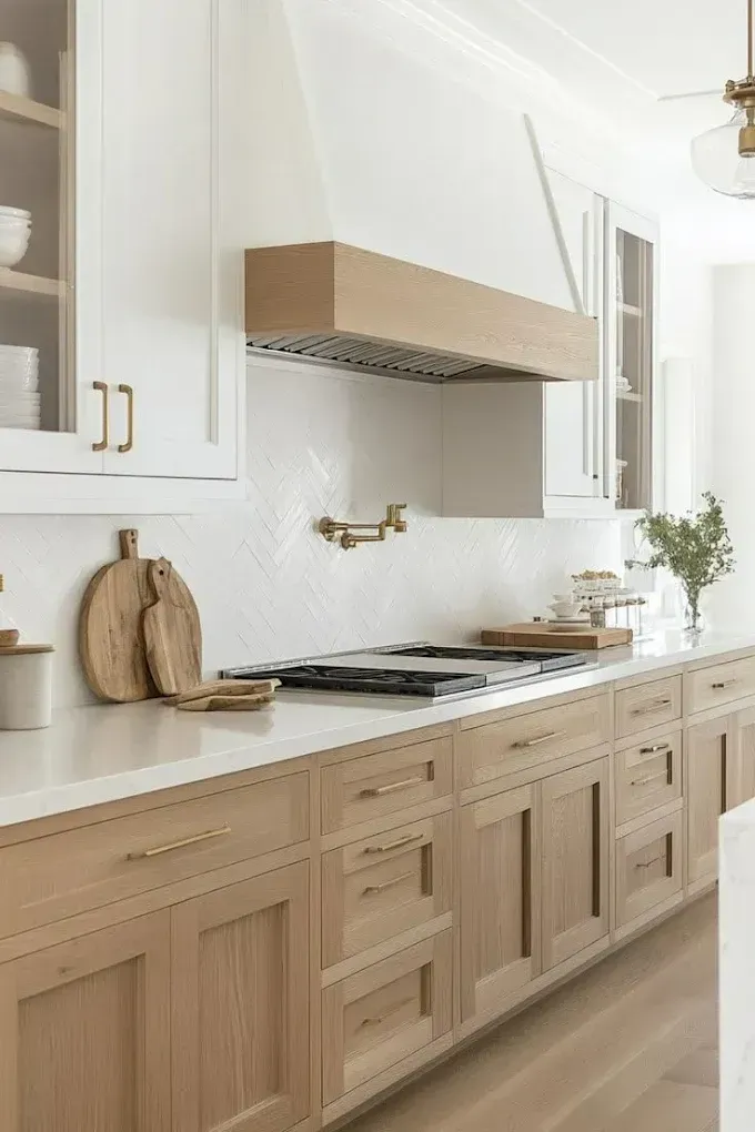 Modern kitchen with light wood cabinets, white countertops, and white tile backsplash.