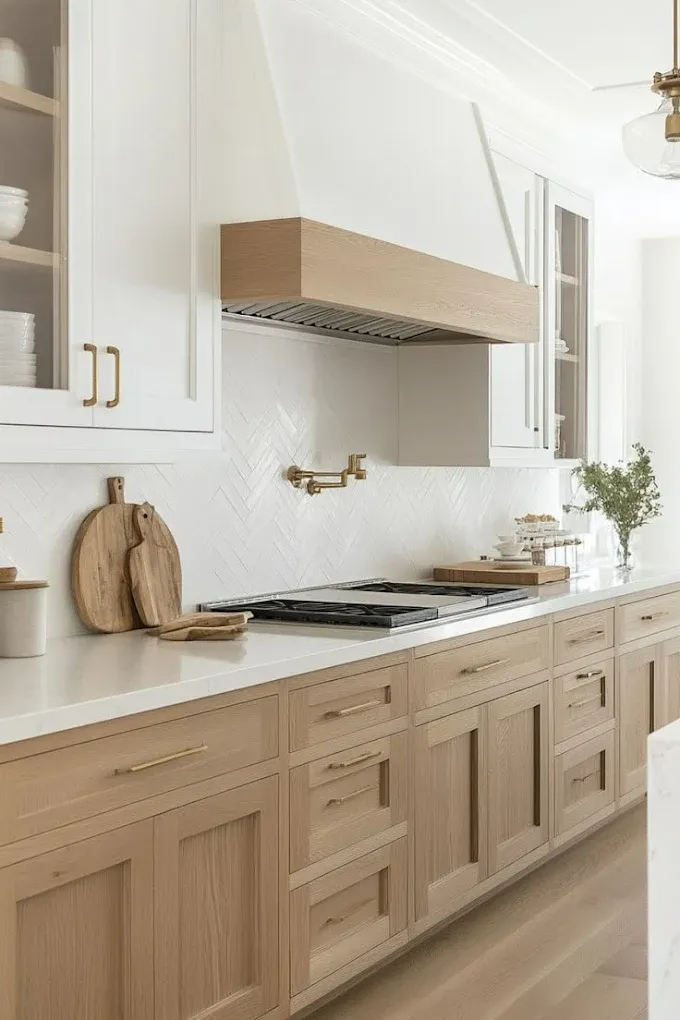 Light wood kitchen with white countertops and cabinets; wood range hood.