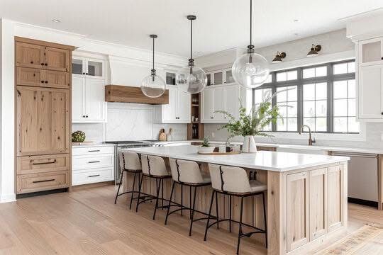 Modern kitchen with white cabinets, wood island, and pendant lights.