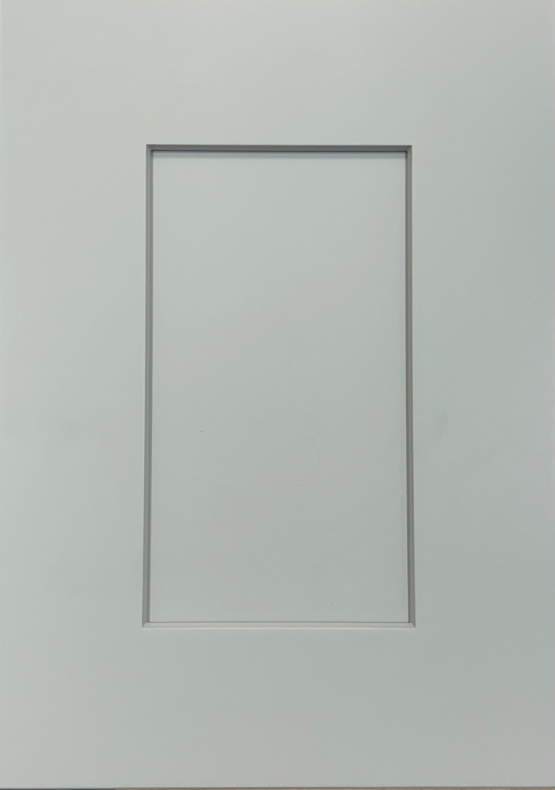 Pale gray cabinet door with recessed rectangular panel.