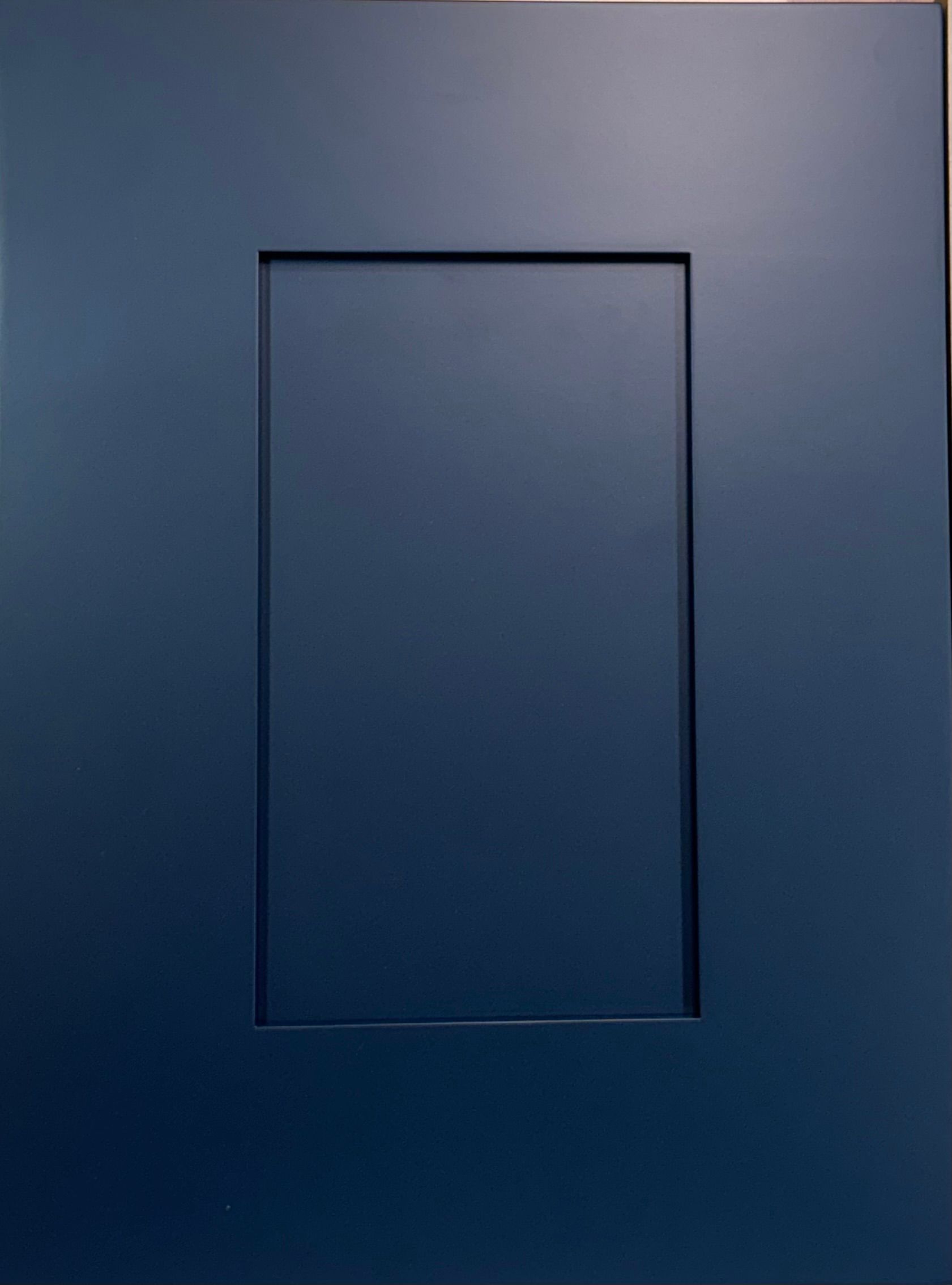 Blue cabinet door with a recessed rectangular panel.