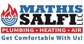 The logo for mathis salfi plumbing heating and air says `` get comfortable with us ! ''