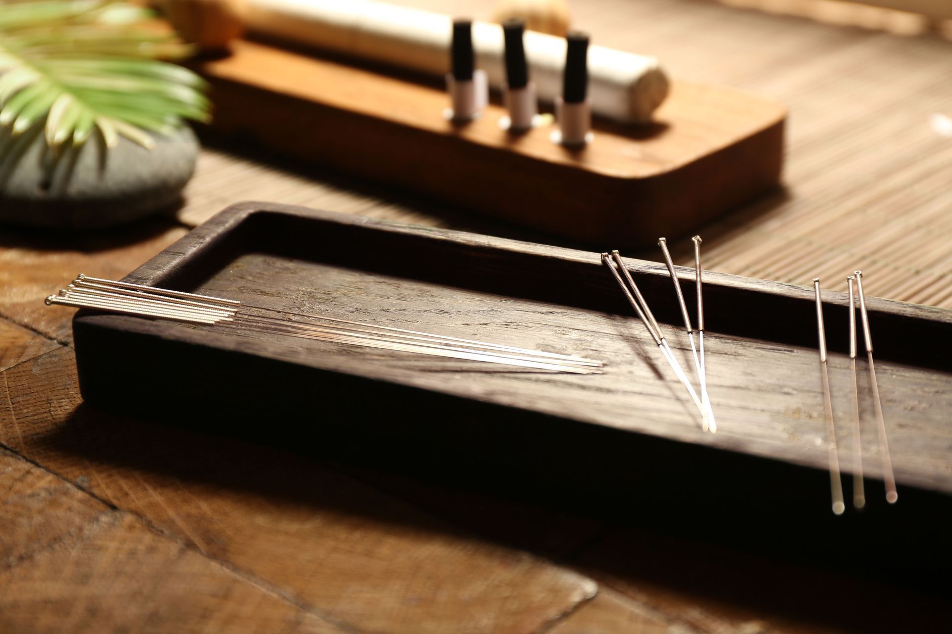 A dark wooden tray holds acupuncture needles next to a blurred background of a palm leaf and professional tools.