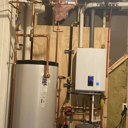 Utility room with a water heater, boiler, and exposed copper plumbing on a wall.