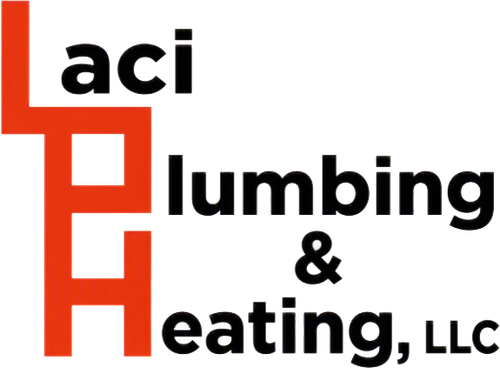 Laci Plumbing & Heating, LLC logo with red L and black text on white background