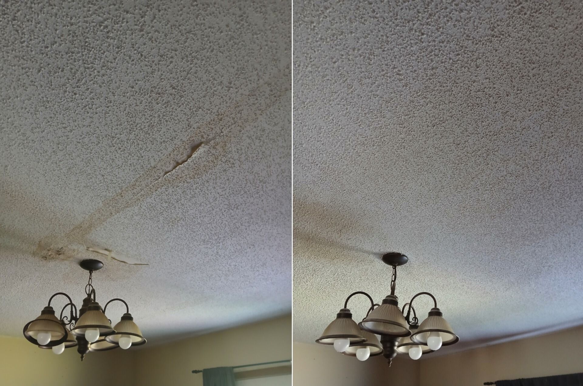 Before and after comparison of a ceiling with a water stain and crack being repaired above a hanging light fixture.