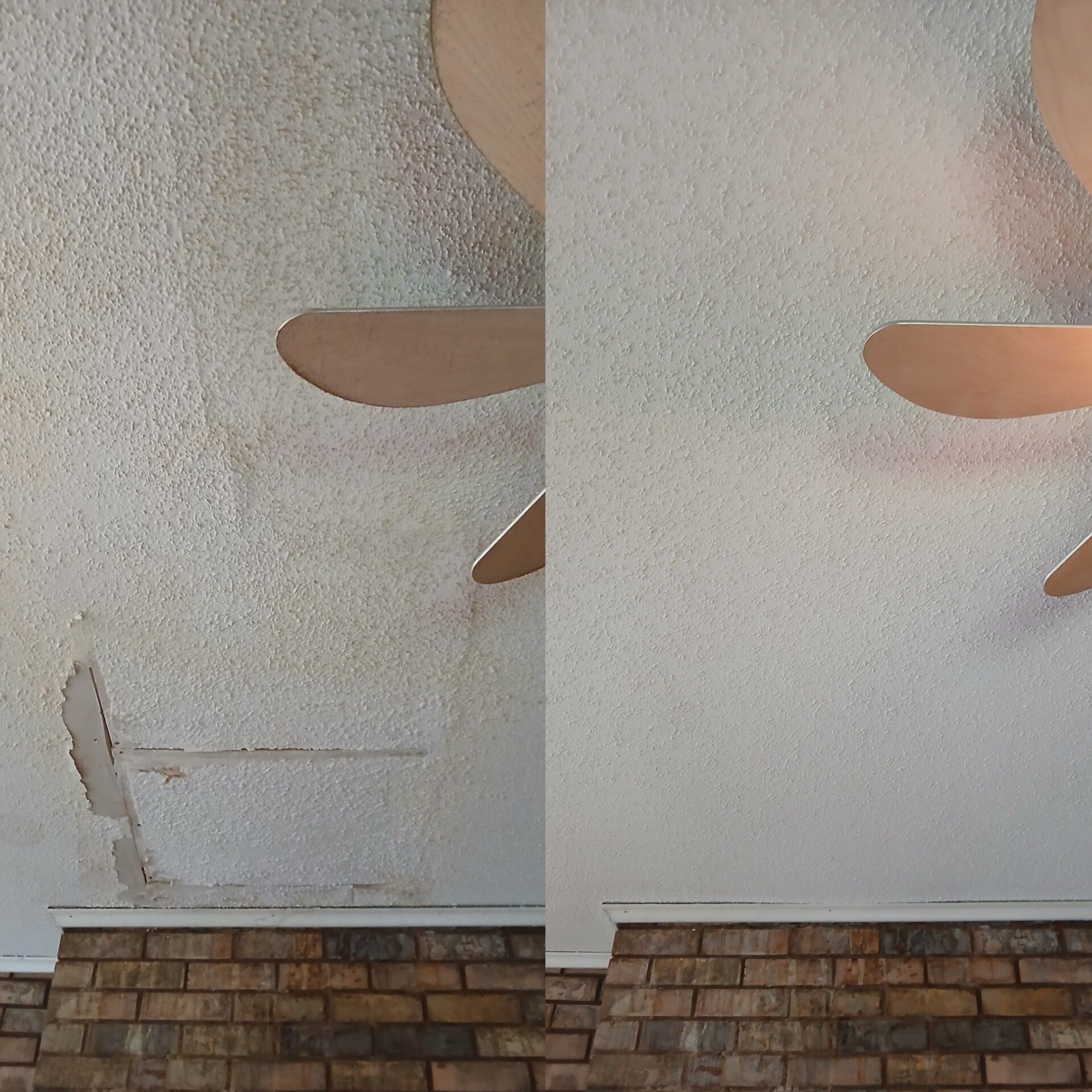 Before-and-after photos of a ceiling repair, showing a damaged section of popcorn texture patched to match the surrounding.