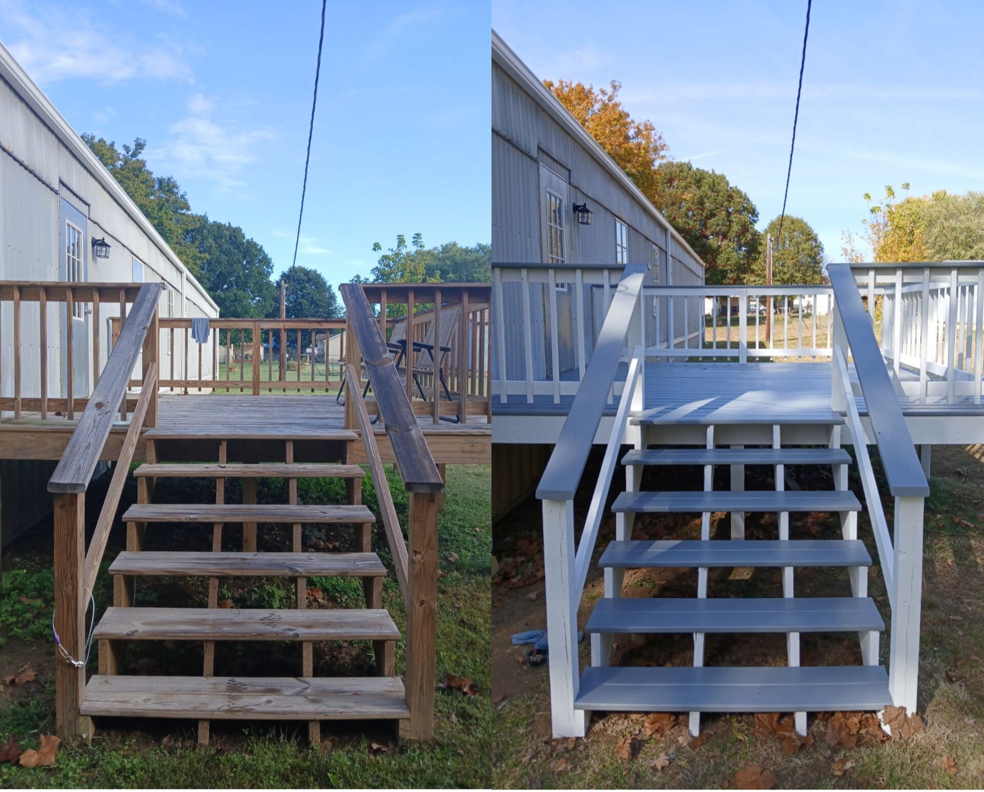 Before and after photo of a wooden deck staircase painted white and gray, outdoors at a residence.