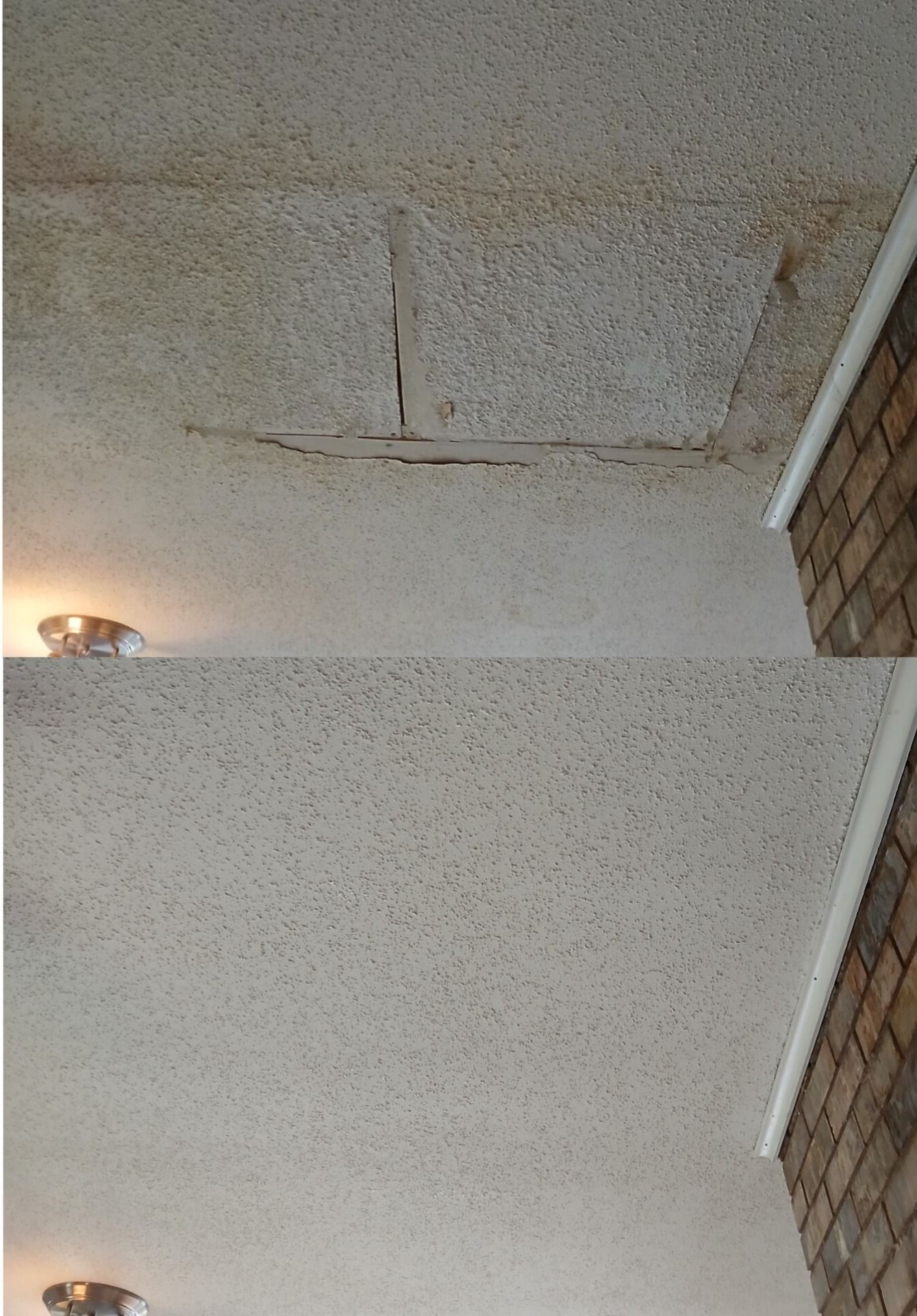 Before and after comparison of a popcorn ceiling showing a repaired water damage patch next to a brick wall.