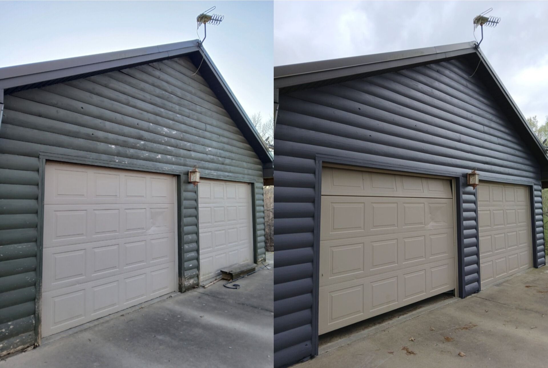 A side-by-side comparison of a bathroom renovation showing a person working on green drywall, then the finished dark room.