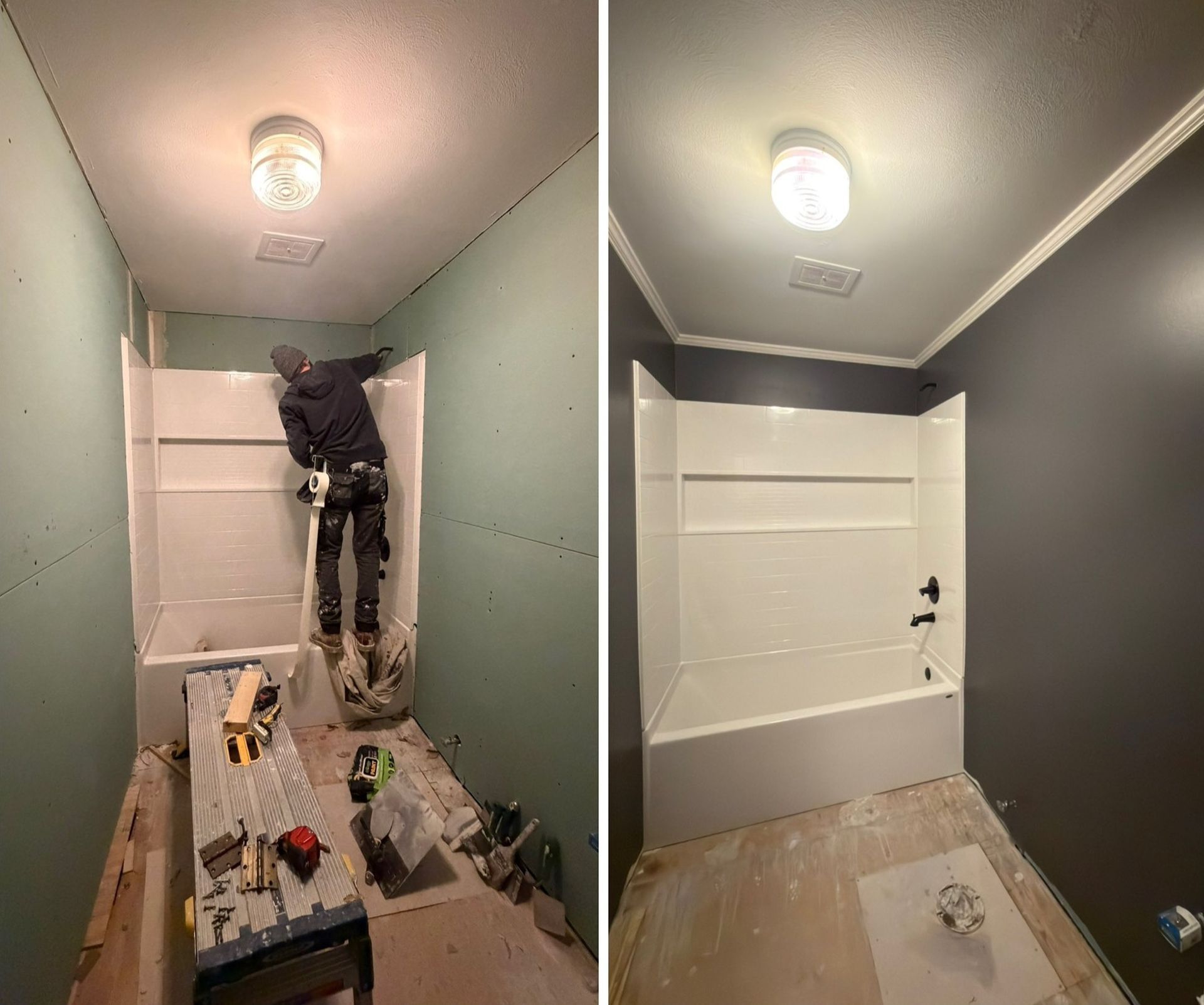 Before-and-after comparison of a garage with log-style siding showing a successful cleaning or refinishing project.