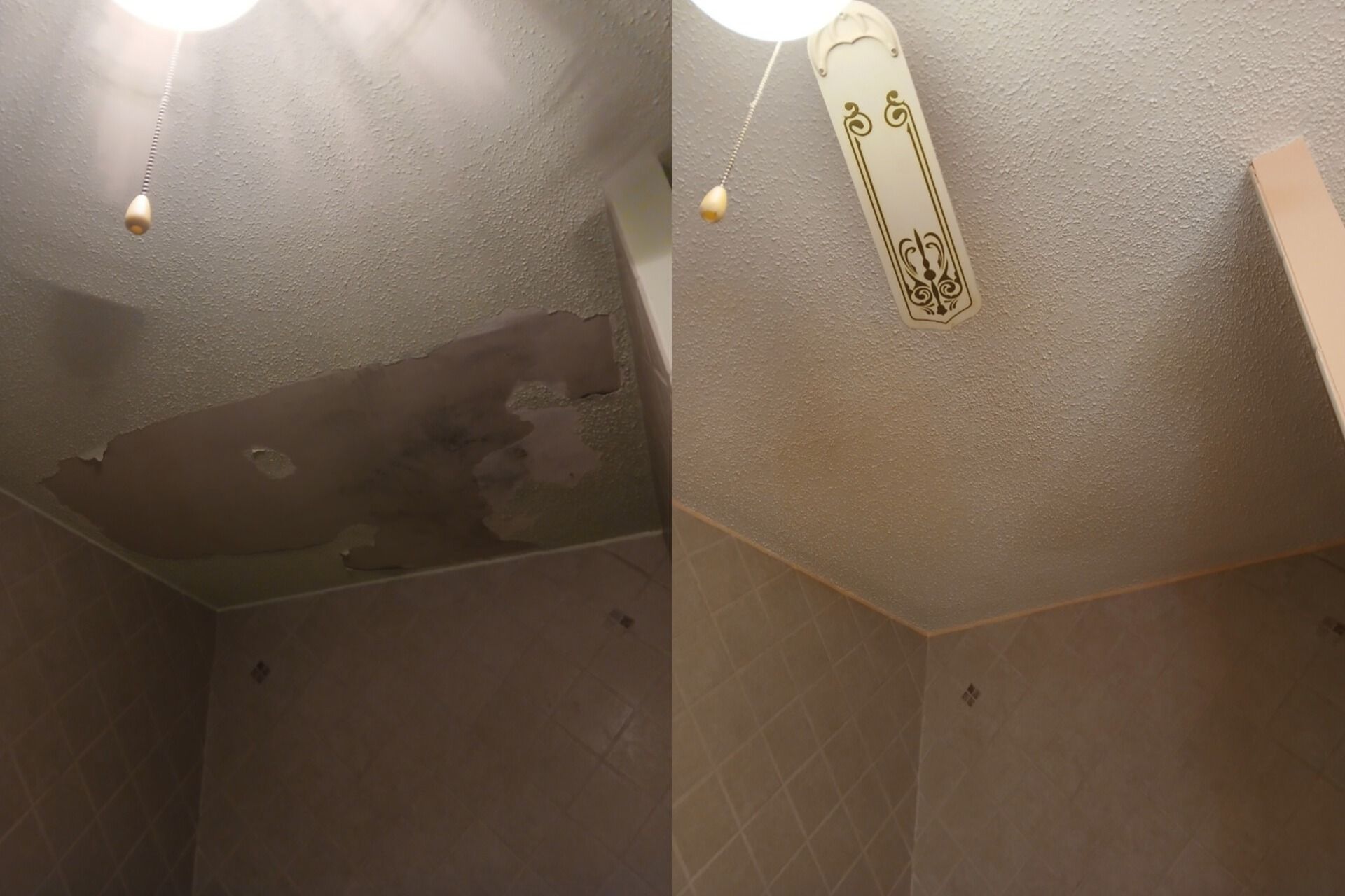 Before and after photos of a hallway painted from dark charcoal to a light gray, showing a clean, modern update.