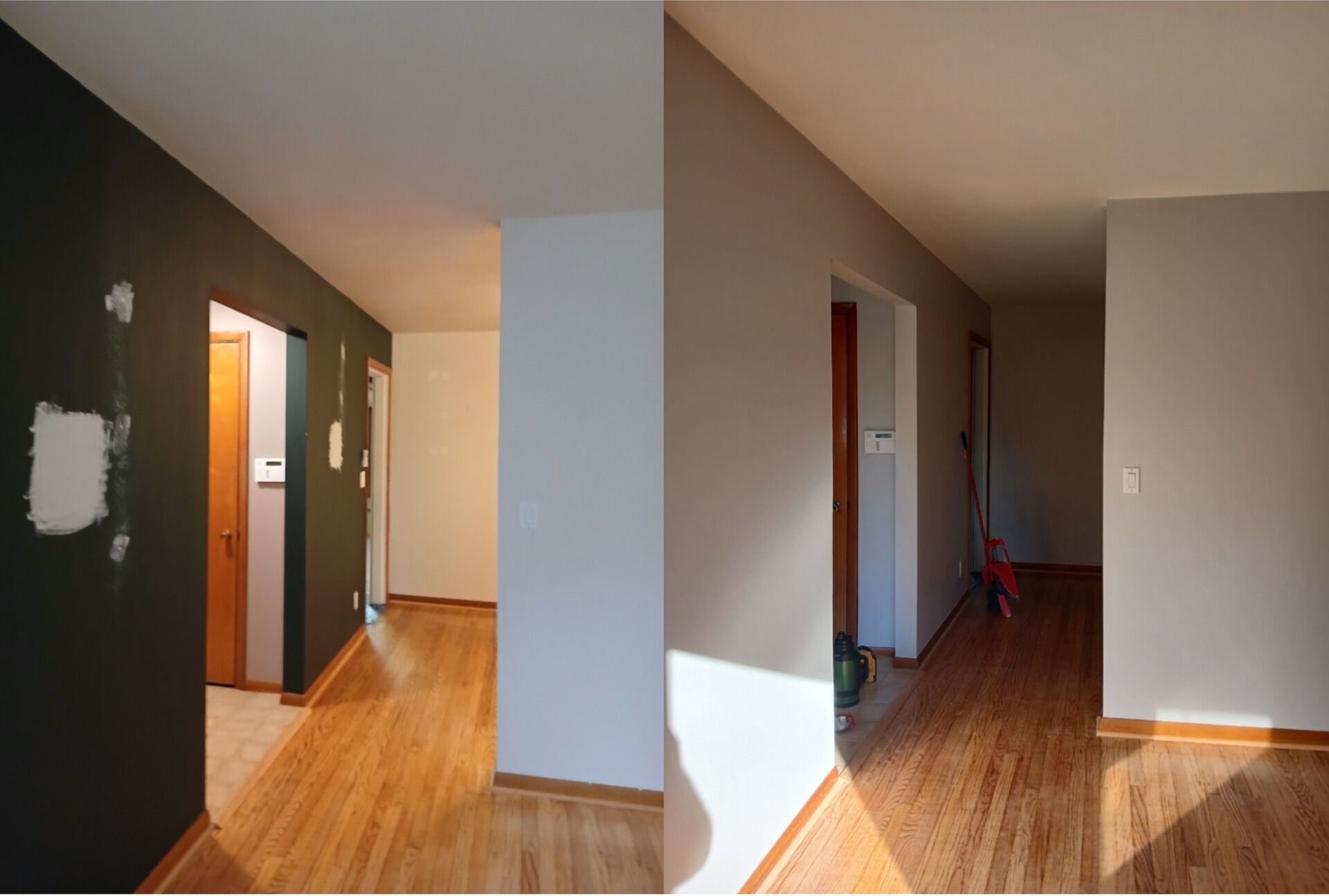 A side-by-side comparison of a home interior: the left shows a dark wall with patches, the right shows the painted wall.