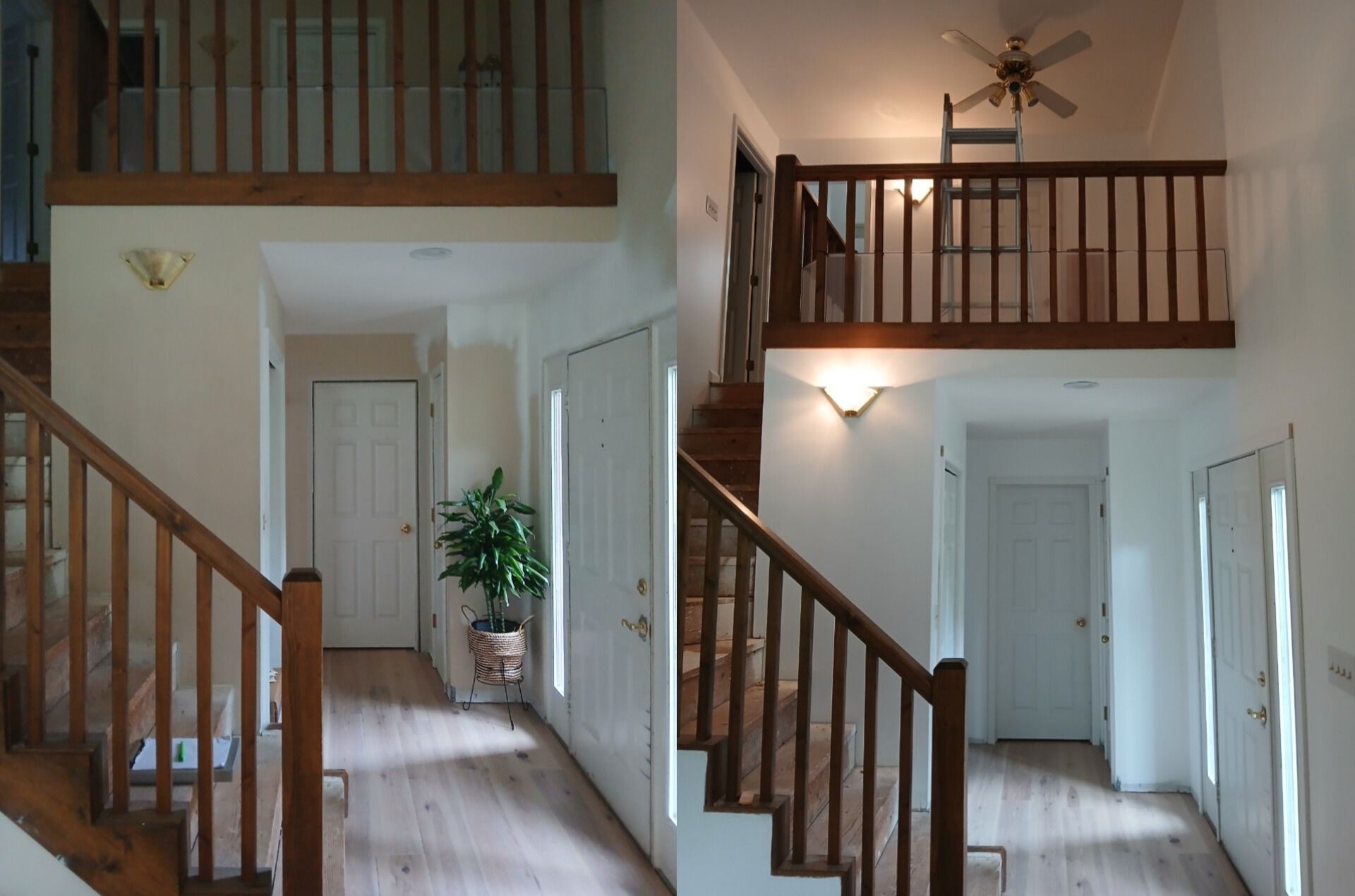 A side-by-side comparison of a home entryway before and after, featuring wood stairs, white walls, and a landing loft.