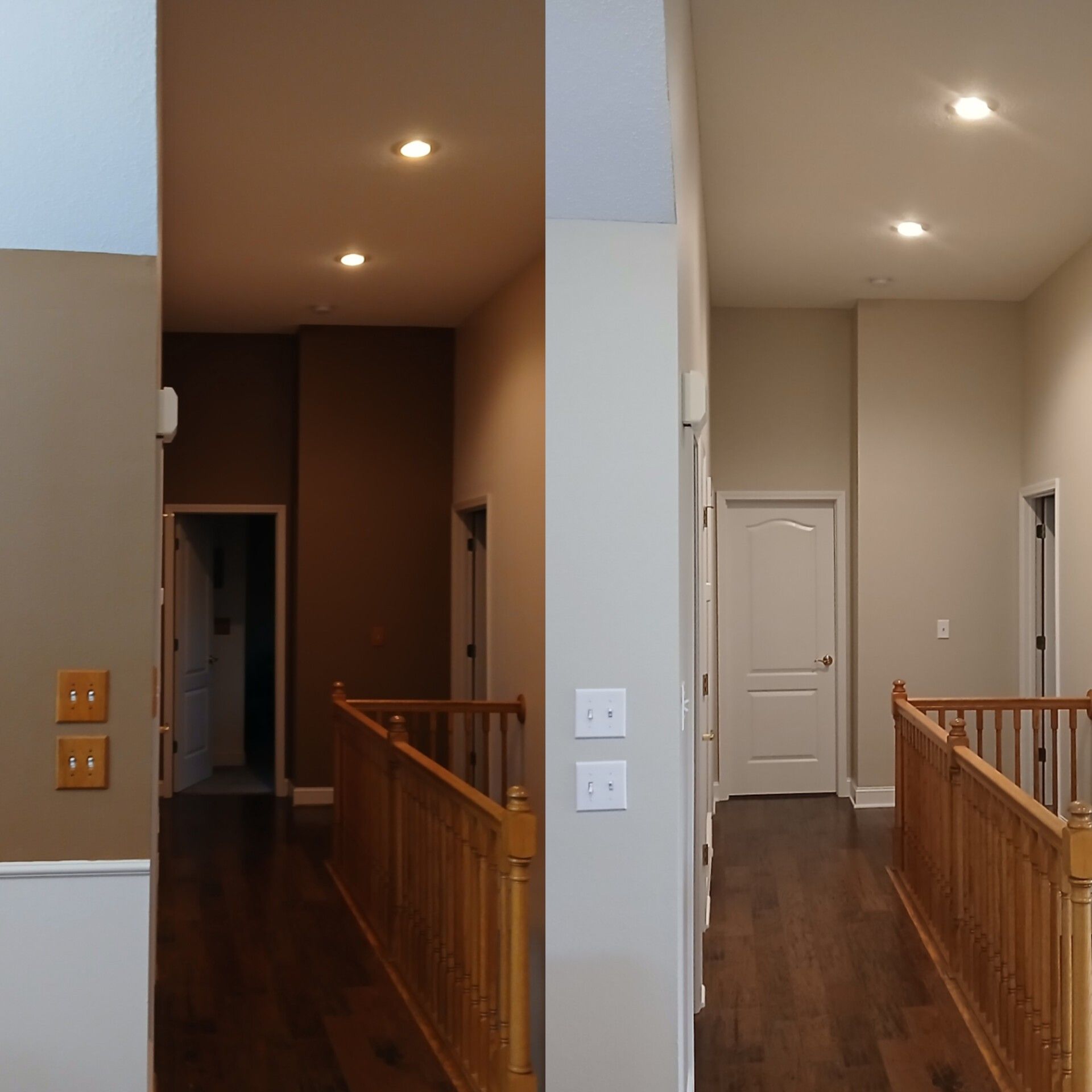 A split-view of a home entryway showing a staircase, landing, and front door, with an added ceiling fan and light fixture.