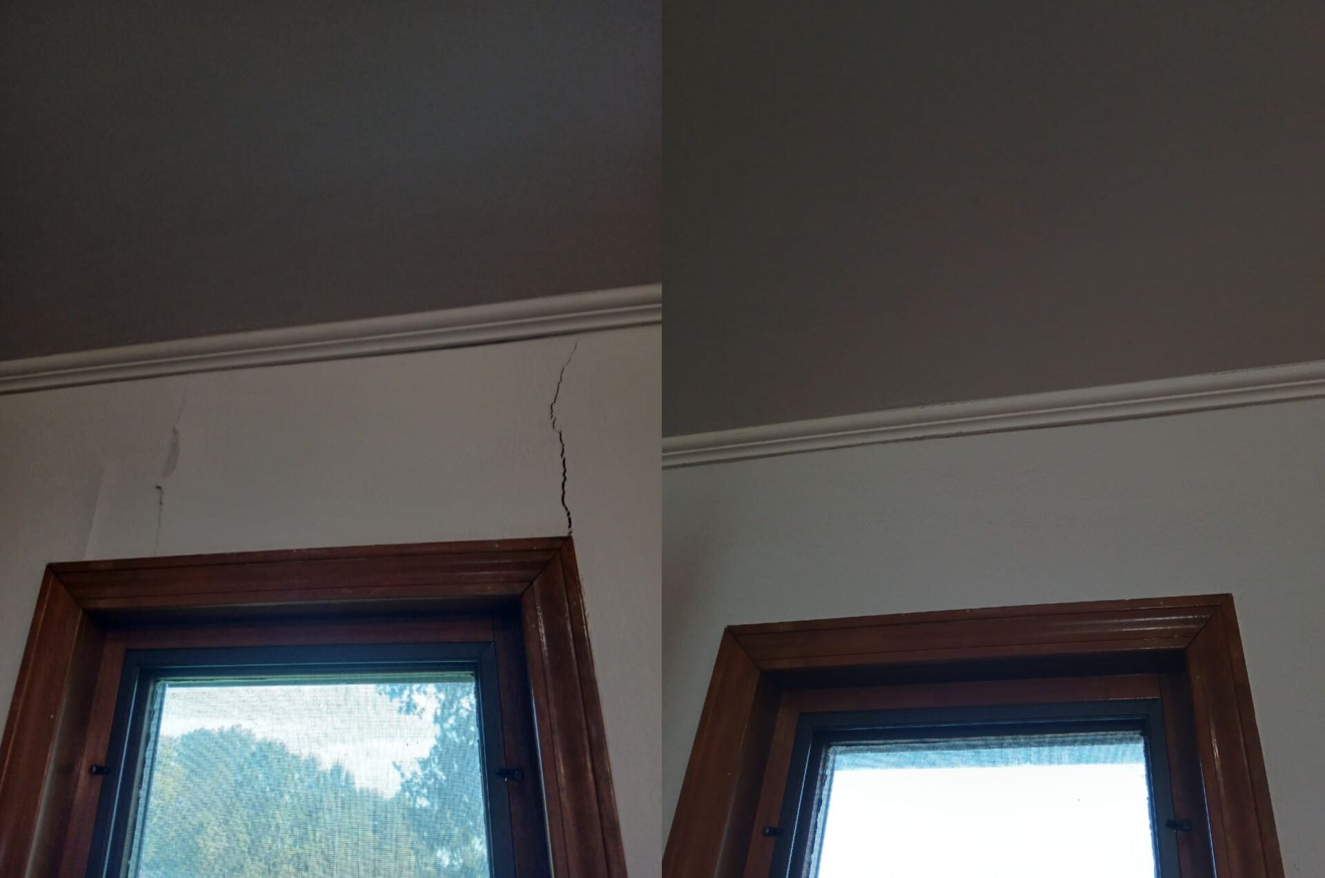 Before-and-after showing a wall crack above a wooden window frame repaired and painted over.