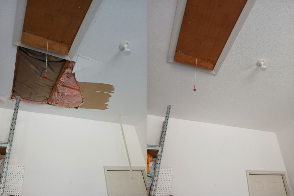 Before and after photos showing a hole in a garage ceiling being repaired and sealed around an attic access hatch.