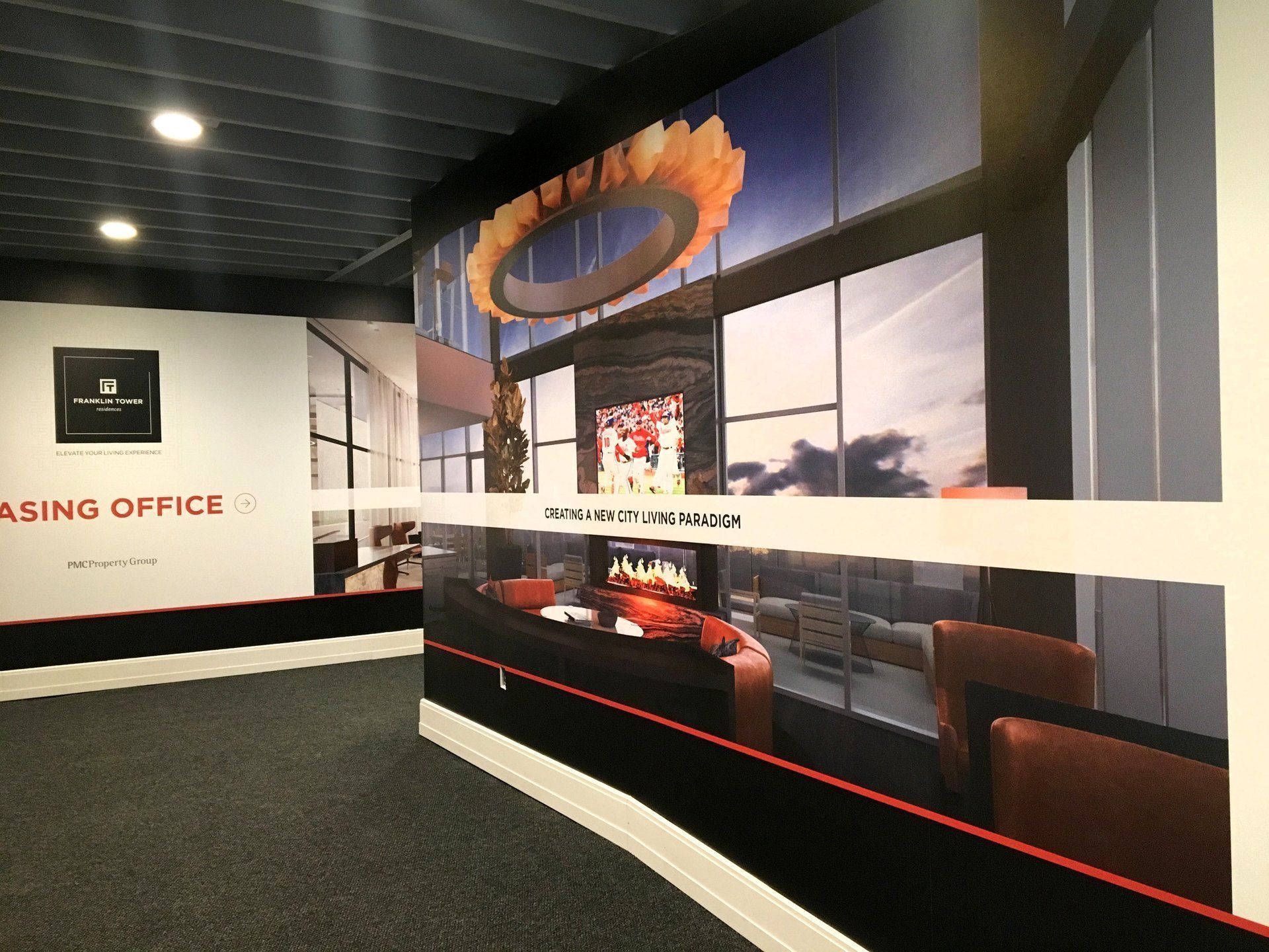 Casino office hallway with large wall mural and black-and-white interior