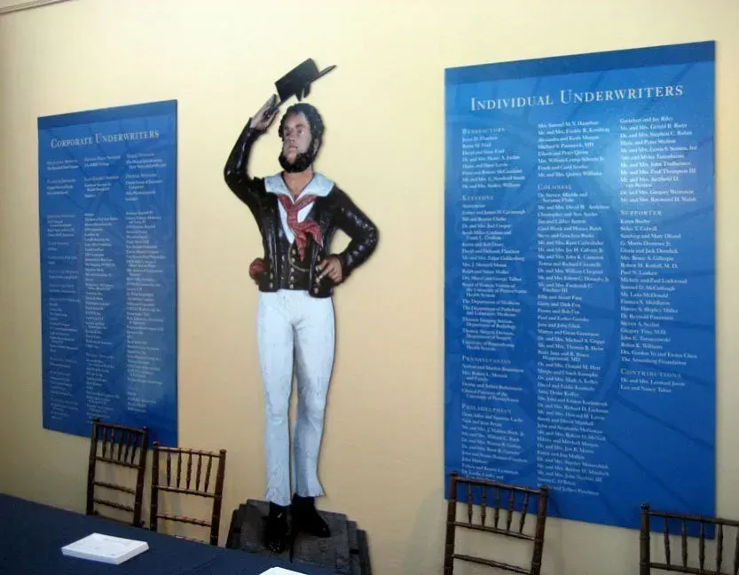 Mannequin in sailor uniform between two blue informational posters in a museum exhibit.
