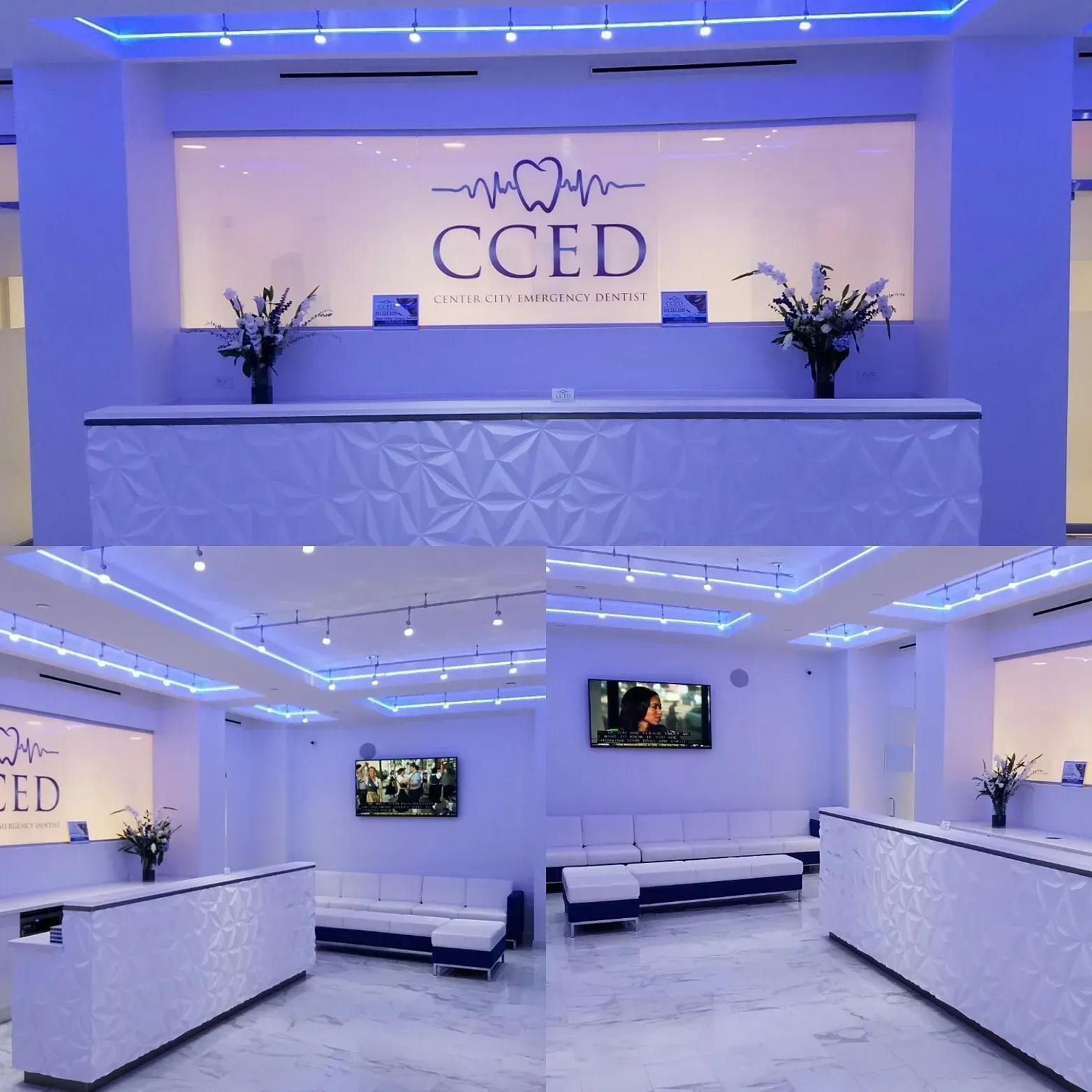 Bright white CCED reception lobby with blue lighting, curved desk, sofas, and wall-mounted TVs