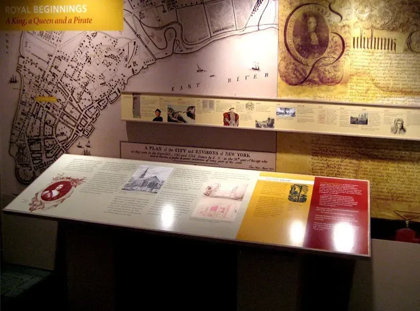Museum exhibit display with historical maps, photos, and text panels on a curved wall and information table