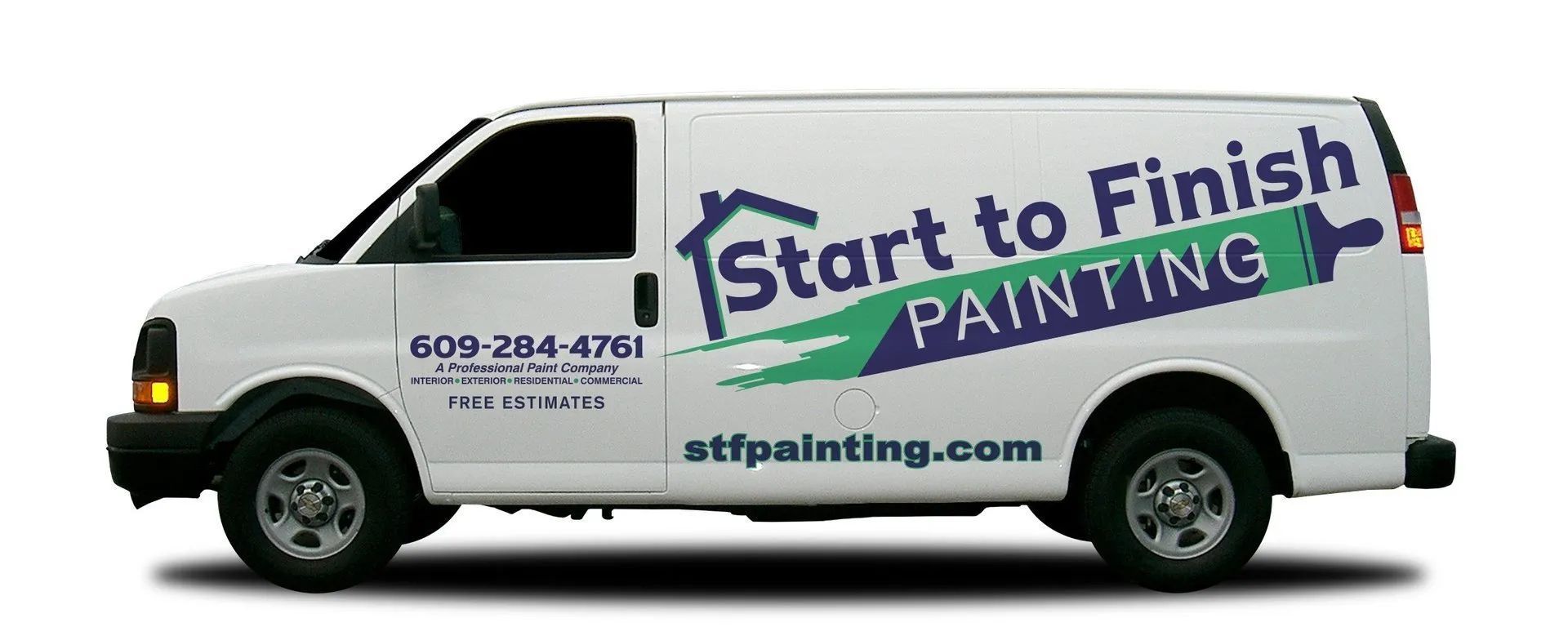 White utility van with Start to Finish Painting logo and contact info on the side.