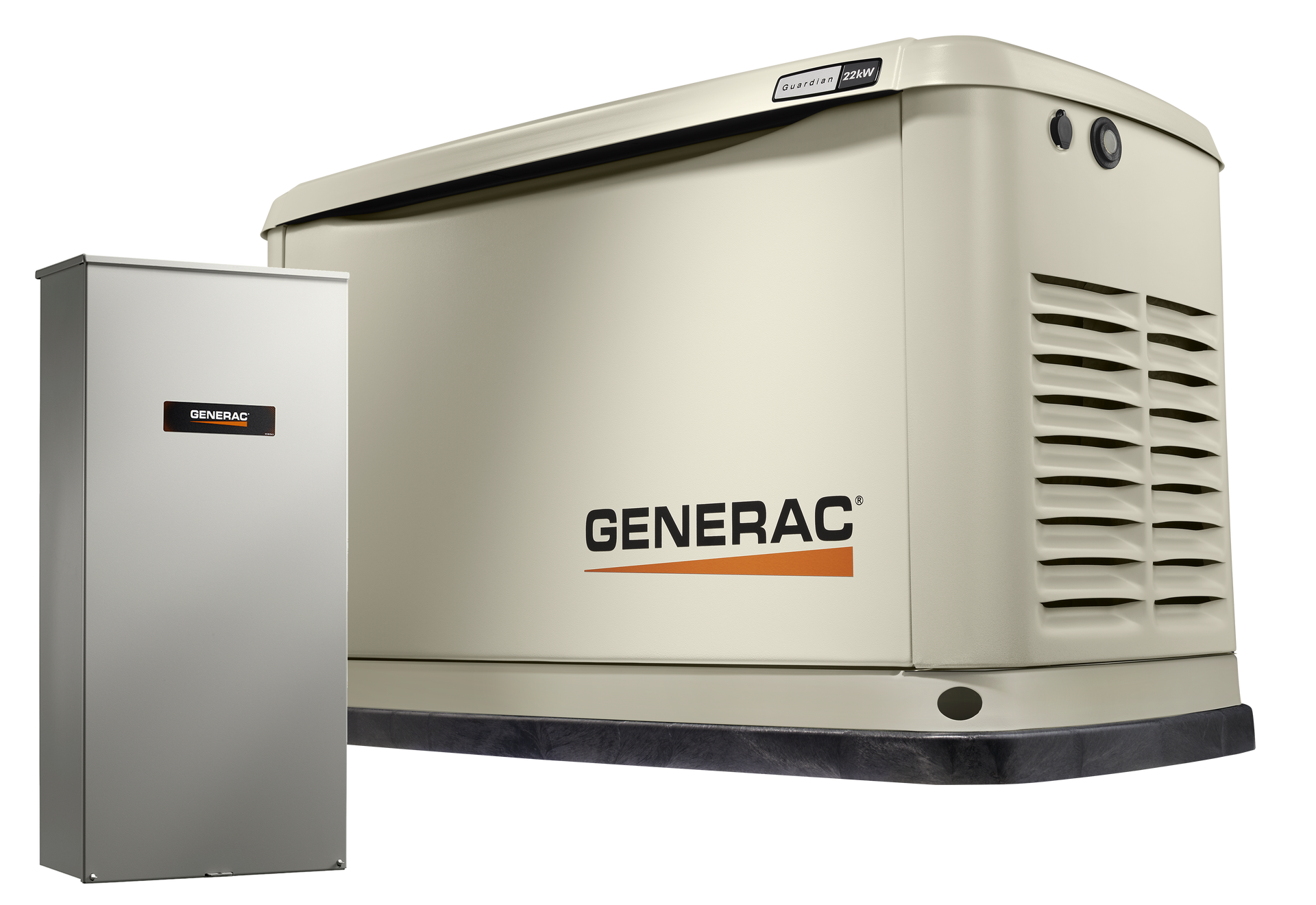 A generac generator is sitting next to a stainless steel box.