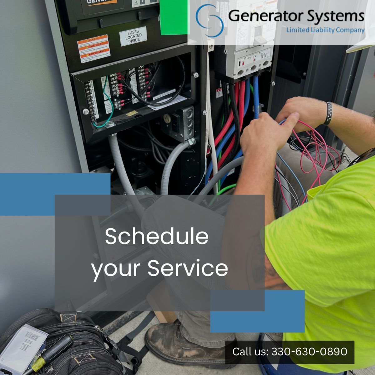 Technician servicing generator wiring with “Schedule your Service” and phone number overlay