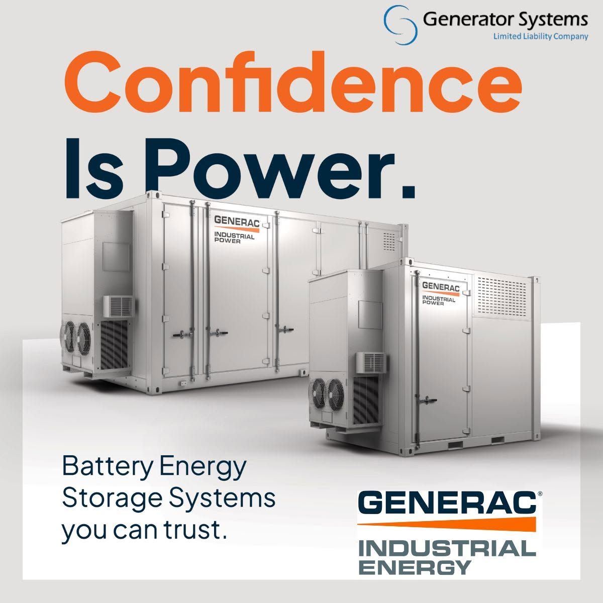 Generator Systems ad for Generac Industrial Energy battery storage units with “Confidence Is Power.”