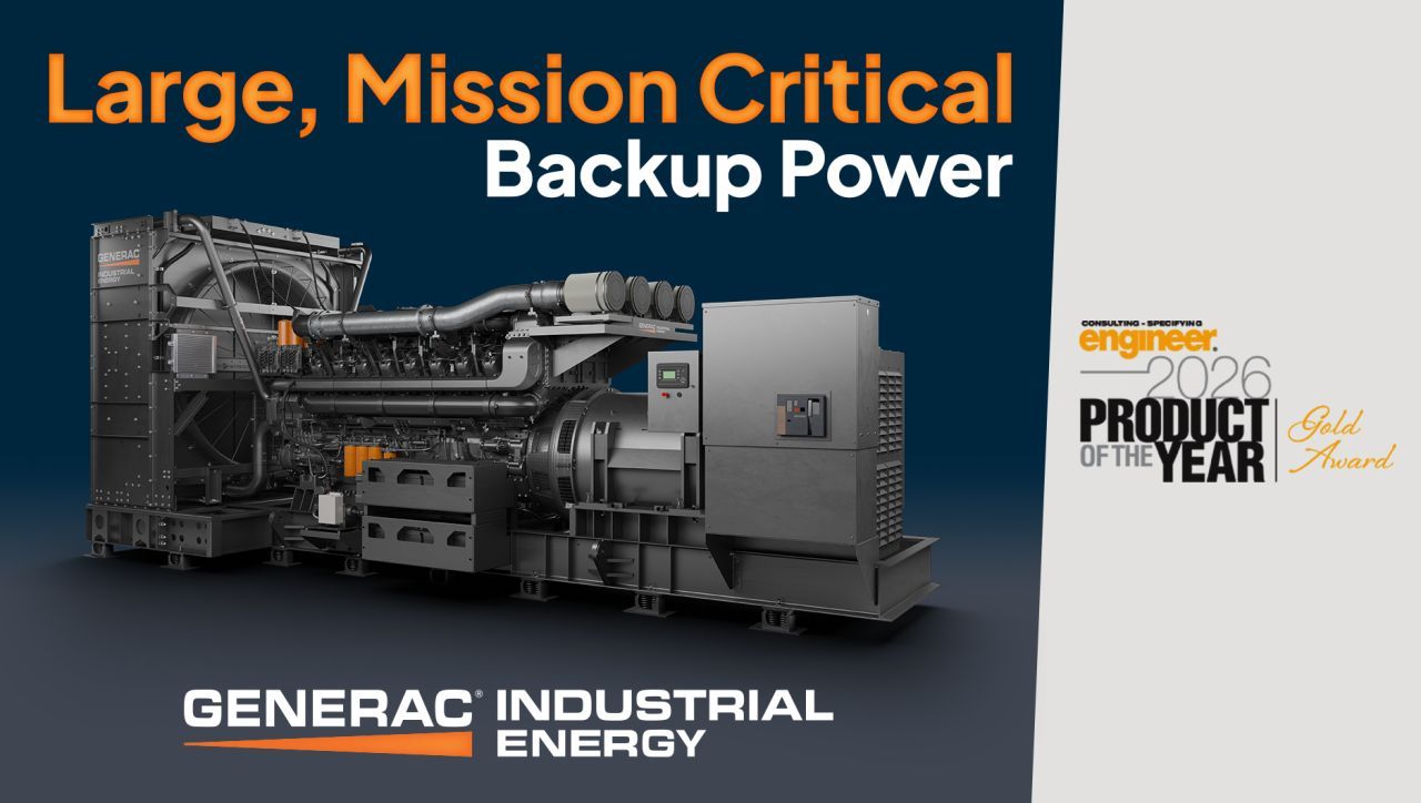 Generac industrial backup power generator ad with large generator and “Product of the Year” badge