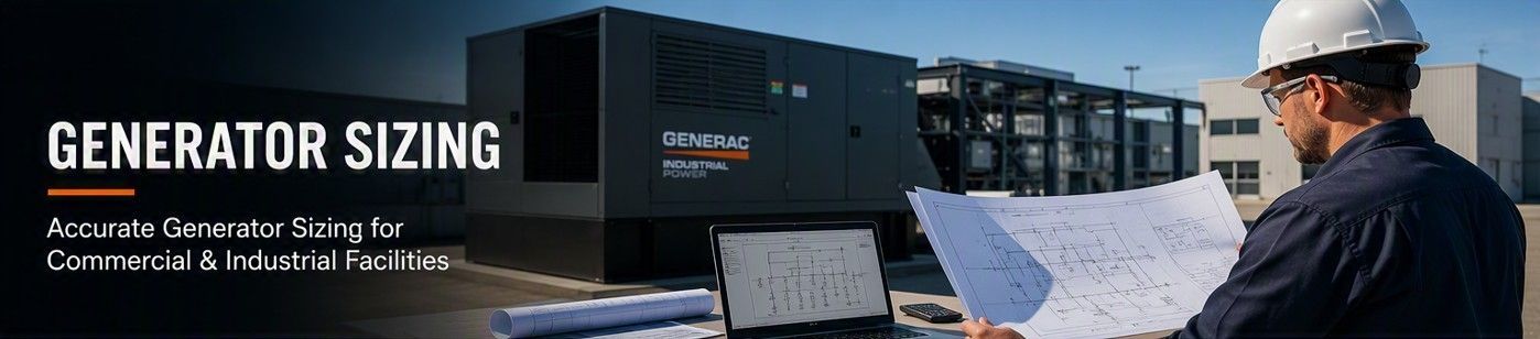 Generator sizing banner with a technician in a hard hat reviewing plans beside industrial equipment.