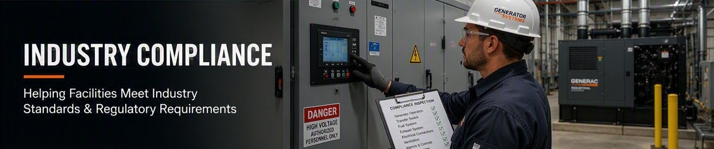Industrial worker at control panel in factory with “Industry Compliance” text banner