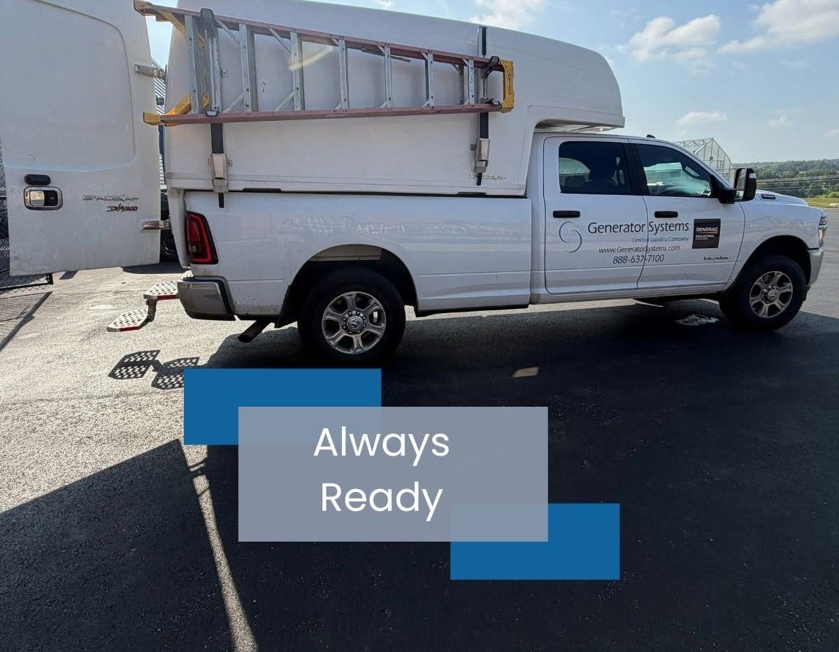 White utility truck with ladder rack parked outside a building, with “Always Ready” text overlay.