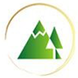 Green mountain and tree icons inside a gold circle.