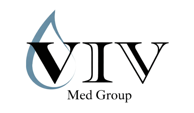 The VIV Med Group logo features bold black serif lettering with a stylized blue water drop behind the first V.