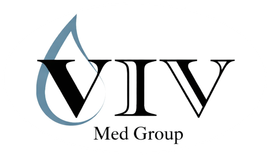 The VIV Med Group logo features bold black serif lettering with a stylized blue water drop behind the first V.