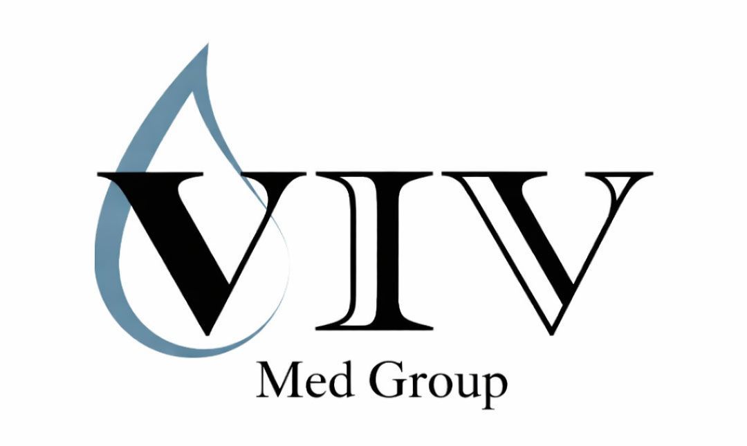 Logo for VIV Med Group featuring a stylized blue water droplet integrated with the letter V, followed by "Med Group."