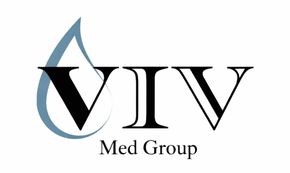 Logo for VIV Med Group featuring a stylized blue water droplet integrated with the letter V, followed by "Med Group."